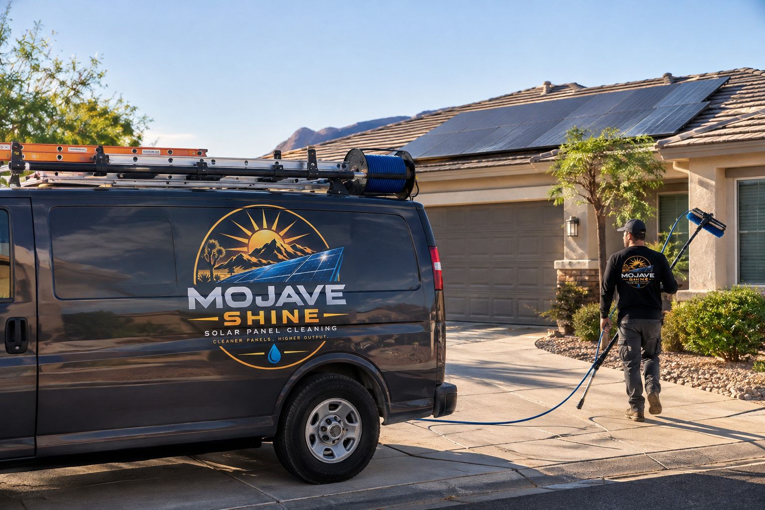The Mojave Shine van in a Las Vegas driveway as the technician carries a water-fed cleaning pole toward a home with rooftop solar